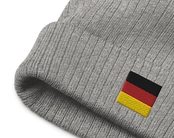 Germany Cuffed Beanie German Flag Inspired Embroidered Square Double Layer Knit Recycled Polyester Travel Themed Winter Hat Toboggan