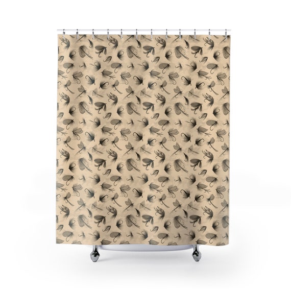 Fly Fishing Pattern Shower Curtain - Fishing Lures, Fisherman, Lake, River,  Outdoors, Nature, Trout - 71 x74 - Cream, Bathroom, Home Decor