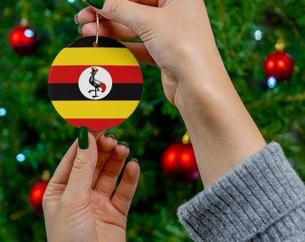 Uganda Adorno navideño Bandera ugandesa Inspirado Amarillo Rojo Negro Redondo Porcelana Cerámica Regalo Decoración Vacaciones Mundo Viajes Temática África