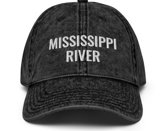 Mississippi River Hat, Embroidered Vintage Cotton Twill Cap, Denim Look, Adjustable Strap, Adult Unisex, Outdoors, Travel, Gift, New Orleans