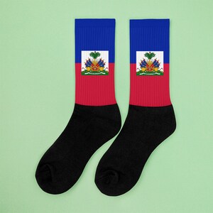 Haiti Haitian Flag Socks - Red and Blue Crew Length - Adult Unisex Men&#39;s Women&#39;s - Ribbed, Black Cushioned Bottom