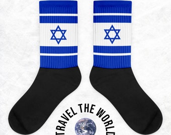Israel Socks - Israeli Flag Inspired Print, Crew Length, Ribbed, Cushioned, World Travel Gift, Souvenir - Star, Blue, White, Black