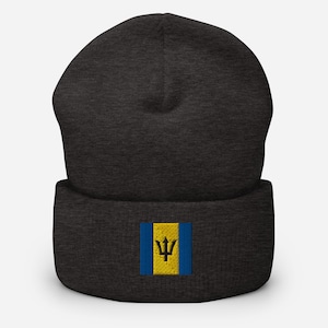 Barbados Flag Inspired Square Embroidered Cuffed Beanie Winter Hat Bajan Barbadian Travel Themed Toboggan Adult Unisex Hypoallergenic