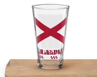 Alabama Shaker Pint Glass, State Flag Inspired Retro UV Print Design, Glassware, Barware, Gift, Souvenir, USA World Travel