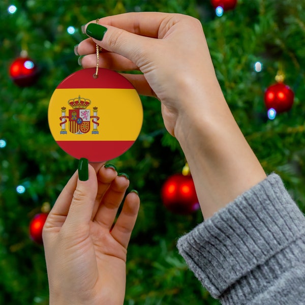 Spain Ceramic Ornament - Christmas Decor, Holiday Decorations, Spanish Flag Print, World Travel, Europe, Madrid, Red, Yellow, Gift, Souvenir