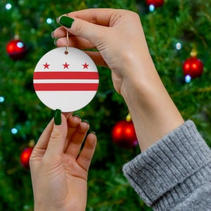 Washington, DC Christmas Ornament District of Columbia Flag Inspired Print, Red, White, Stars - Ceramic, Circle, Travel, USA, Gift, Souvenir