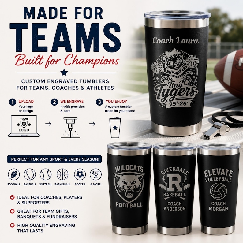 May include: Black stainless steel tumblers with custom engraved team logos and text. The tumblers feature team names like "Wildcats" and "Riverdale Baseball". The image also includes text that says "Made for Teams" and "Built for Champions".