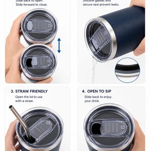 May include: Navy blue insulated tumbler with a slide-to-open lid, leak-proof design, and straw-friendly feature. The image shows the tumbler's functionality, including opening, closing, and using a straw. The text on the image says "SLIDE SIP LID".
