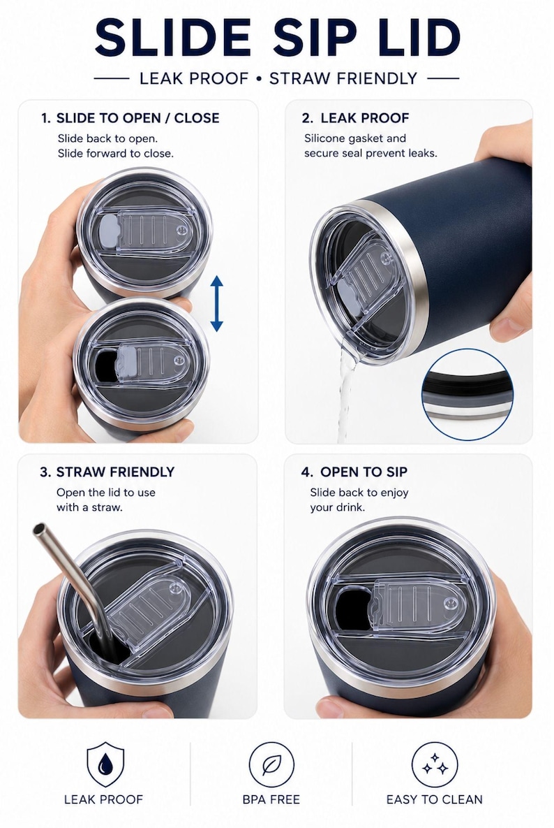 May include: Navy blue insulated tumbler with a slide-to-open lid, leak-proof design, and straw-friendly feature. The image shows the tumbler's functionality, including opening, closing, and using a straw. The text on the image says "SLIDE SIP LID".