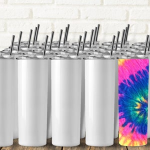 25pcs Sublimation Tumblers Skinny Straight White Stainless Steel with Straw and Rubber Bottom DIY Cups, Custom Logo Personalization Print