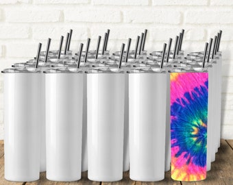 25pcs Sublimation Tumblers Skinny Straight White Stainless Steel with Straw and Rubber Bottom DIY Cups, Custom Logo Personalization Print