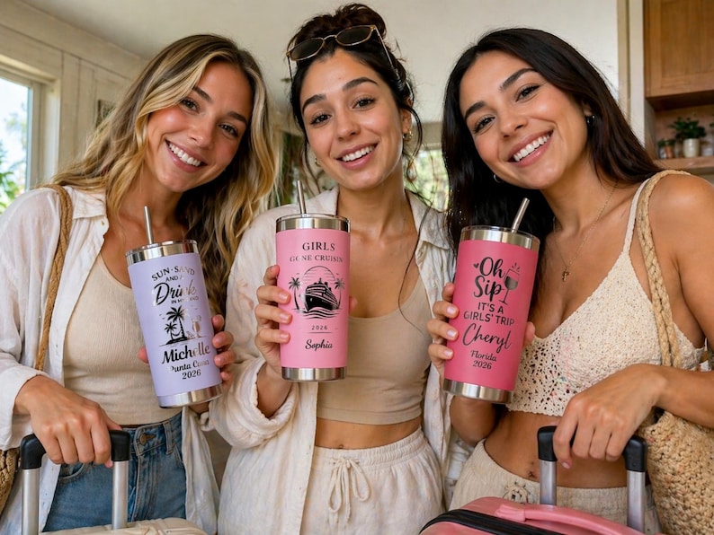 May include: Three women holding personalized travel tumblers. One tumbler is lavender with "Sun, Sand, and Drinks" text, another is pink with "Girls Gone Cruisin" text, and the last is red with "Oh Sip" text. Each tumbler has a straw.