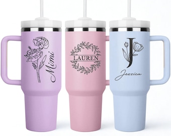 Personalized 40oz Tumbler, Birth flower cups, Initial letter custom name tumbler, Laser engraved mug, Insulated tumbler, Girls trip travel
