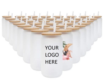 25 pack Custom Logo Design Tumblers, Glass Libby Mugs, 16oz Frosted or Clear, Baby Shower, Event, Wedding, Summer Bash, New Business Promo