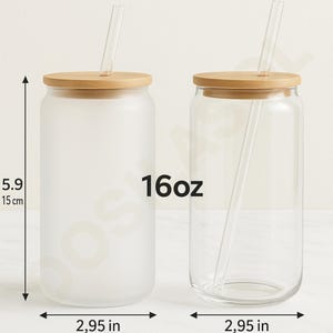 May include: Two 16oz glass can-shaped tumblers with bamboo lids and glass straws. One tumbler is frosted, the other is clear. Each tumbler is 2.95 inches wide and 5.9 inches tall. The tumblers are designed for cold beverages.