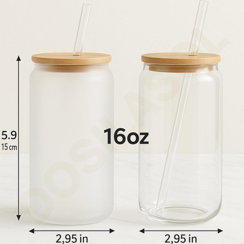 May include: Two 16oz glass can-shaped tumblers with bamboo lids and glass straws. One tumbler is frosted, the other is clear. Each tumbler is 2.95 inches wide and 5.9 inches tall. The tumblers are designed for cold beverages.