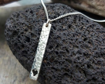Silver Dimpled Heart Bar Necklace