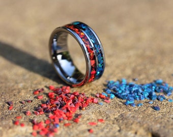 Fire and Ice Opal Ring Tungsten Carbide Double Inlay Red and Blue