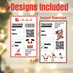 Puede incluir: Dos diseños imprimibles con temática navideña. Cada diseño presenta una etiqueta "TRACKED CHRISTMAS 2025" con espacio para nombre y dirección, un código QR e ilustraciones festivas. Las etiquetas miden 10 x 15 cm.