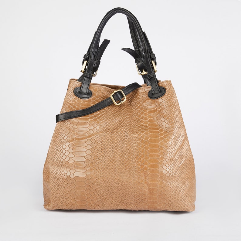 Taupe Snake Print Leather Tote Bag / Taupe Leather Bag / Taupe Etsy