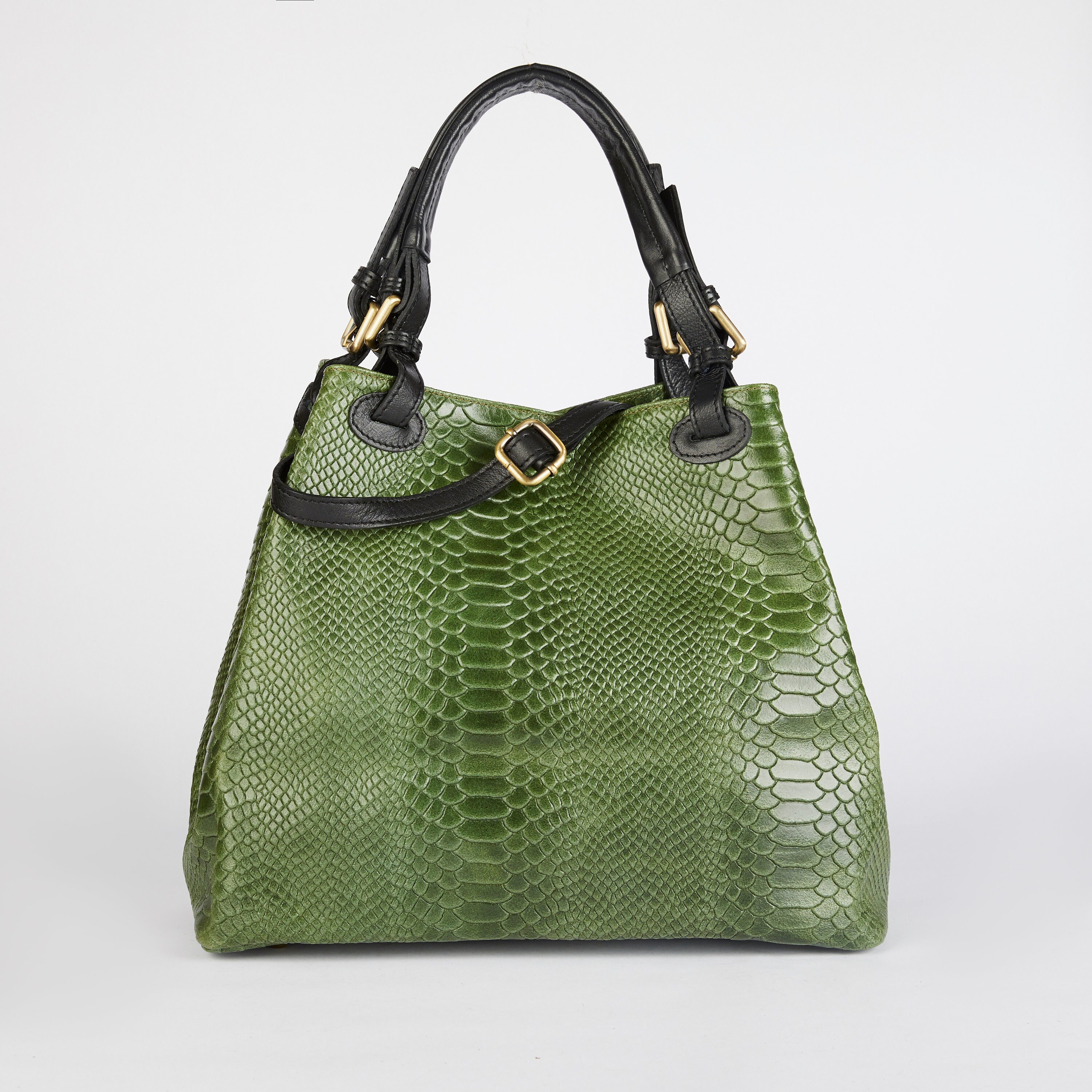 Mini Cylinder Bag in Snake Embossed Green Leather