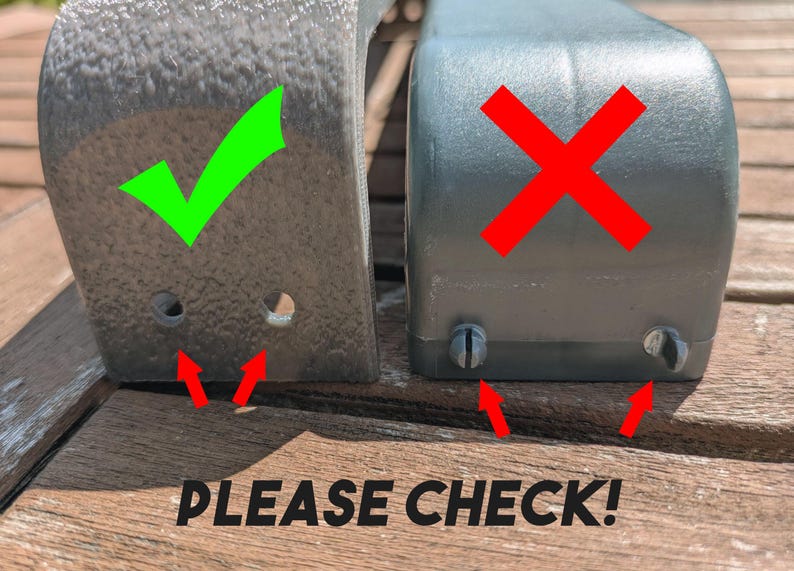 May include: Close-up of two metal components, one with a green checkmark and the other with a red X. The text "PLEASE CHECK!" is at the bottom. The image highlights the differences between the two components.