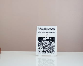 WLAN WiFi QR Code Aufsteller - Kein Passwort teilen mehr notwendig! - z.B. für Airbnb, Hotel, WG - individuelle Texte möglich