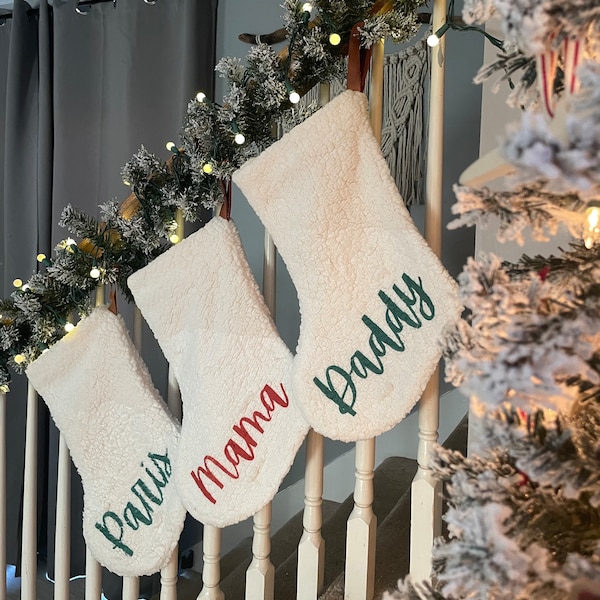 Personalized Sherpa Christmas Stockings with Faux Leather Strap | Canvas Lining | Sublimated Personalization