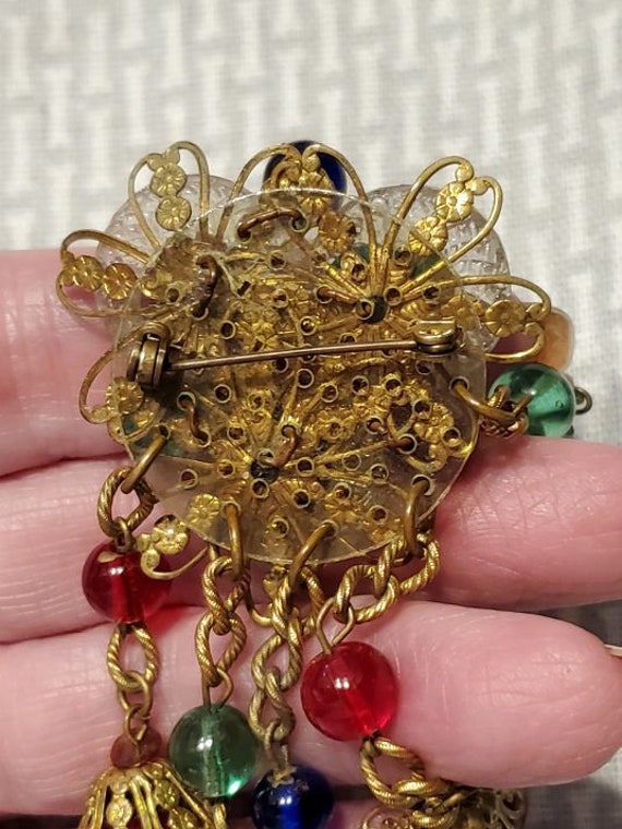 Miriam Haskell Brooch, Dangling Gripoix Glass Beads With Crystal