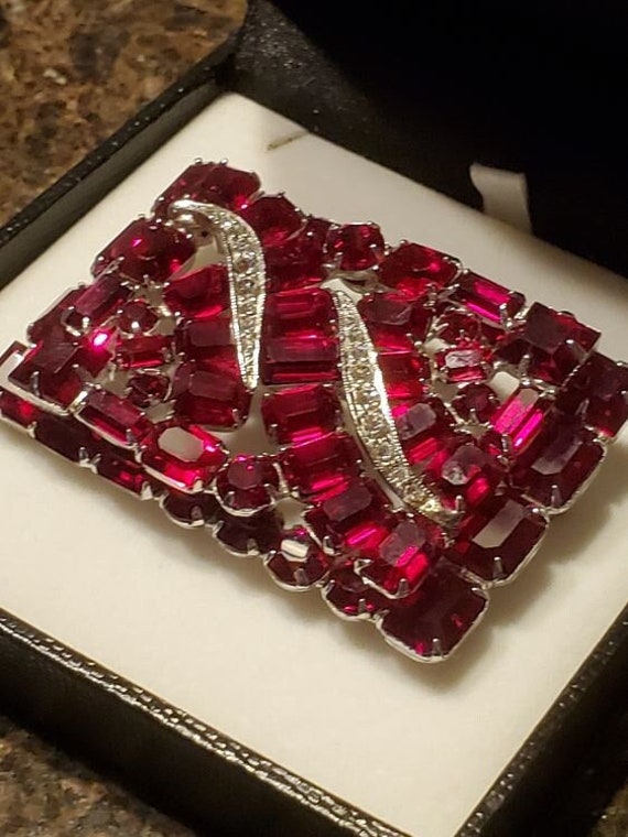 Original Vintage Brooch and Earrings Set 1950s Deep Ruby Red and Sparkling White Rhinestones on Silver Tone Metal Mid Century 50s