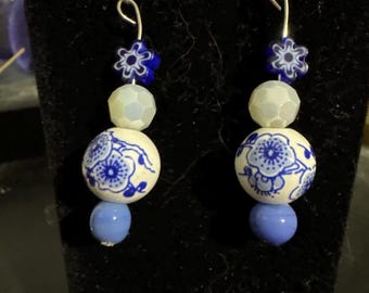 Blue and white drop bead earrings with flowers