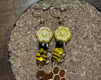 Bee and honeycomb themed earrings