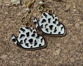 Cow print cowgirl hat earrings for pierced ears