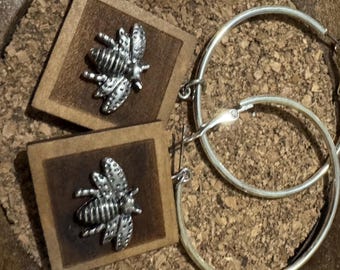Hoop earrings with bees on wood plaques