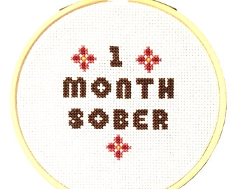 One Month Sober Cross Stitch Pattern, Floral AA Medallion (PDF Download)