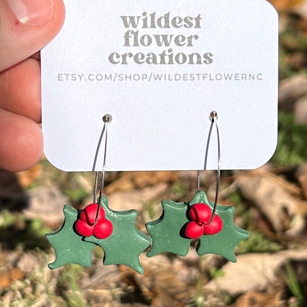 Holly Leaf Earrings, Handmade Polymer Clay Holly Leaf Christmas Jewelry