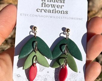 Abstract Holly Leaf Earrings, Handmade Polymer Clay Holly Leaf Christmas Jewelry