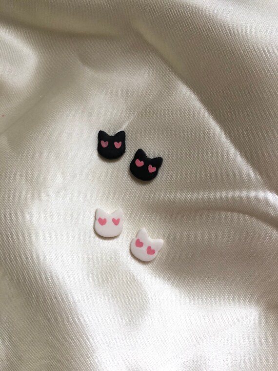 Black and White Cats in Pink Heart Earrings Black and White Cats in Pink Heart Earrings