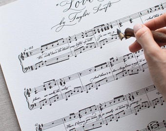 Handwritten Song Lyrics Print Calligraphy Sheet Music Art, Personalized Song Lyrics