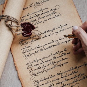 May include: A vintage-style parchment scroll with deckled edges featuring handwritten black cursive text addressed to a husband. The scroll is tied with rustic twine and secured by a deep red wax seal. A gold fountain pen rests on the paper.