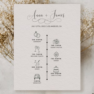 May include: A wedding timeline with icons for each event. The timeline includes the ceremony, sunset photos, welcome toasts, dinner, dance, cake cutting, and grand exit. The wedding is scheduled for July 27th, 2023 in Los Angeles, California.