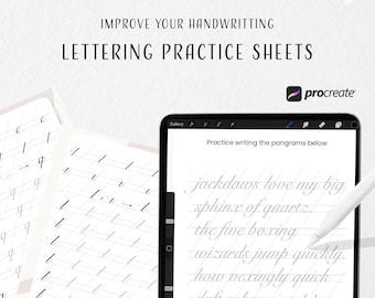 May include: A digital tablet screen displaying a Procreate app with a lettering practice sheet. The sheet includes a grid and the text "Practice writing the pangrams below" followed by five lines of text: "jackdaws love my big", "sphinx of quartz", "the five boxing", "wizards jump quickly", and "how vexingly quick".