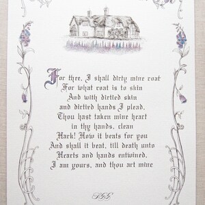 May include: A printed card with a detailed illustration of a cottage and floral border. The card features a poem in elegant calligraphy. The color palette includes shades of purple, gray, and white, creating a vintage aesthetic.