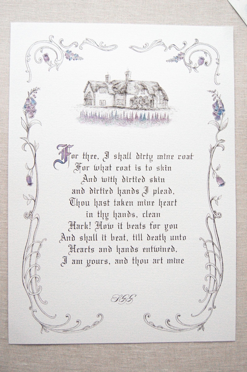 May include: A printed card with a detailed illustration of a cottage and floral border. The card features a poem in elegant calligraphy. The color palette includes shades of purple, gray, and white, creating a vintage aesthetic.