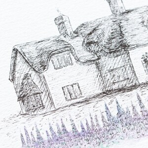 May include: Pen and ink drawing of a cottage with a thatched roof, two chimneys, and multiple windows. The cottage is set against a white background, with a row of lavender-colored flowers in the foreground.