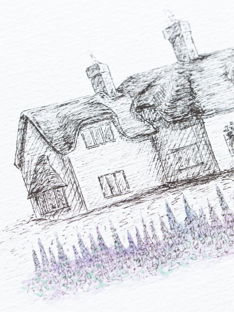 May include: Pen and ink drawing of a cottage with a thatched roof, two chimneys, and multiple windows. The cottage is set against a white background, with a row of lavender-colored flowers in the foreground.