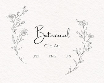 Botanical Wreath Line Art Clipart, Hand Drawn Floral Vector (Digital Download)