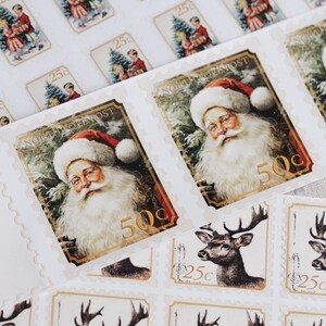 May include: Sheets of vintage Christmas stamps featuring Santa Claus, children with a Christmas tree, and a deer. The Santa stamps are marked 50&cent;, while the others are 25&cent;. The stamps have a cream-colored background and gold borders.