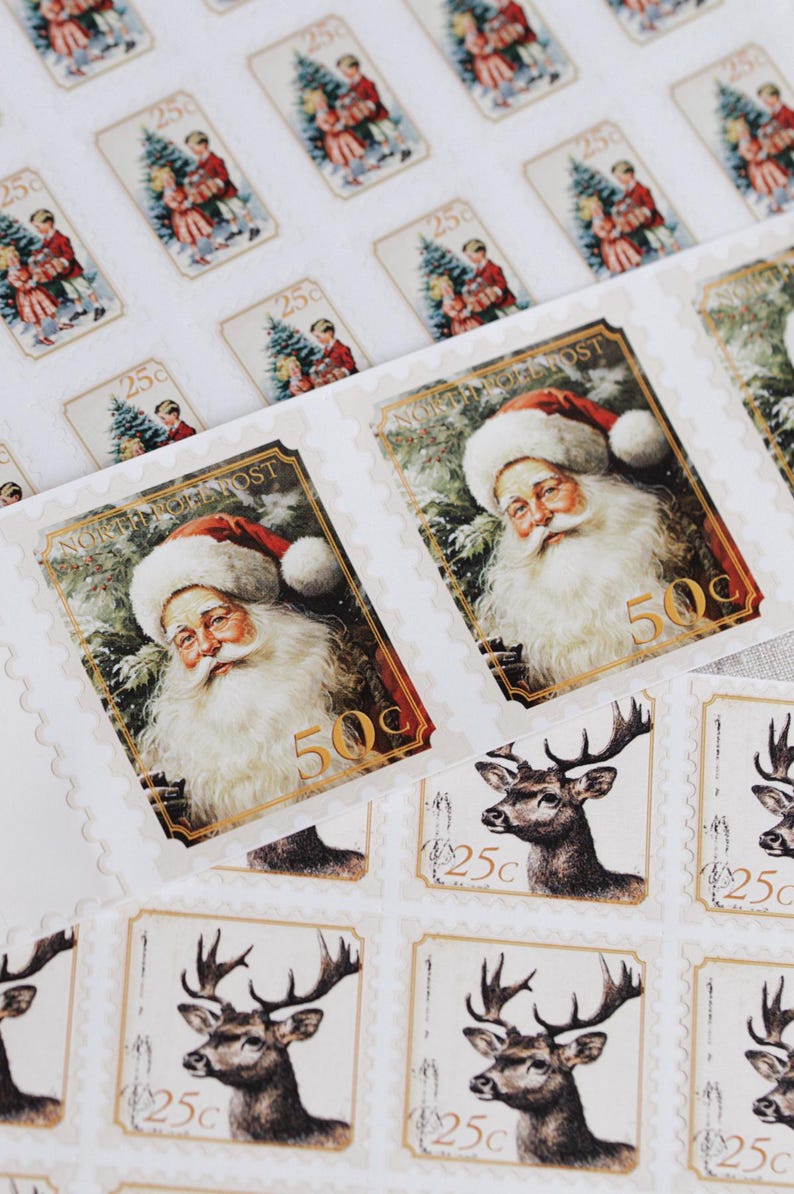 May include: Sheets of vintage Christmas stamps featuring Santa Claus, children with a Christmas tree, and a deer. The Santa stamps are marked 50&cent;, while the others are 25&cent;. The stamps have a cream-colored background and gold borders.