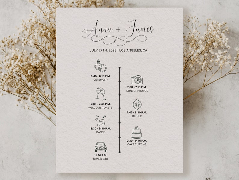 Editable Wedding Day Timeline Wedding Reception Schedule Info Wedding Program Reception Itinerary Sign Schedule Wedding Itinerary Icon Card zdjęcie 1